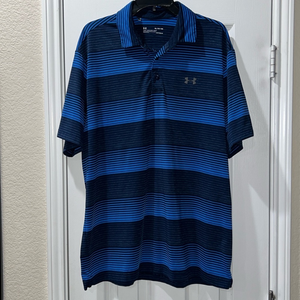 Men’s Under Armour Polo Shirt Blue Gray Striped Loose Heat Gear Size XL